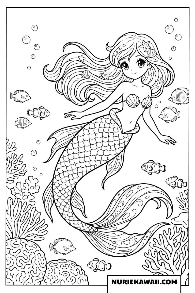 サンゴ礁の間を魚たちと泳ぐ可愛い人魚の塗り絵