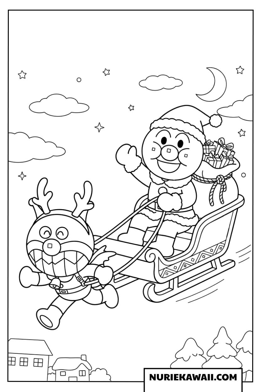 サンタ姿のアンパンマンとトナカイばいきんまんのクリスマス塗り絵