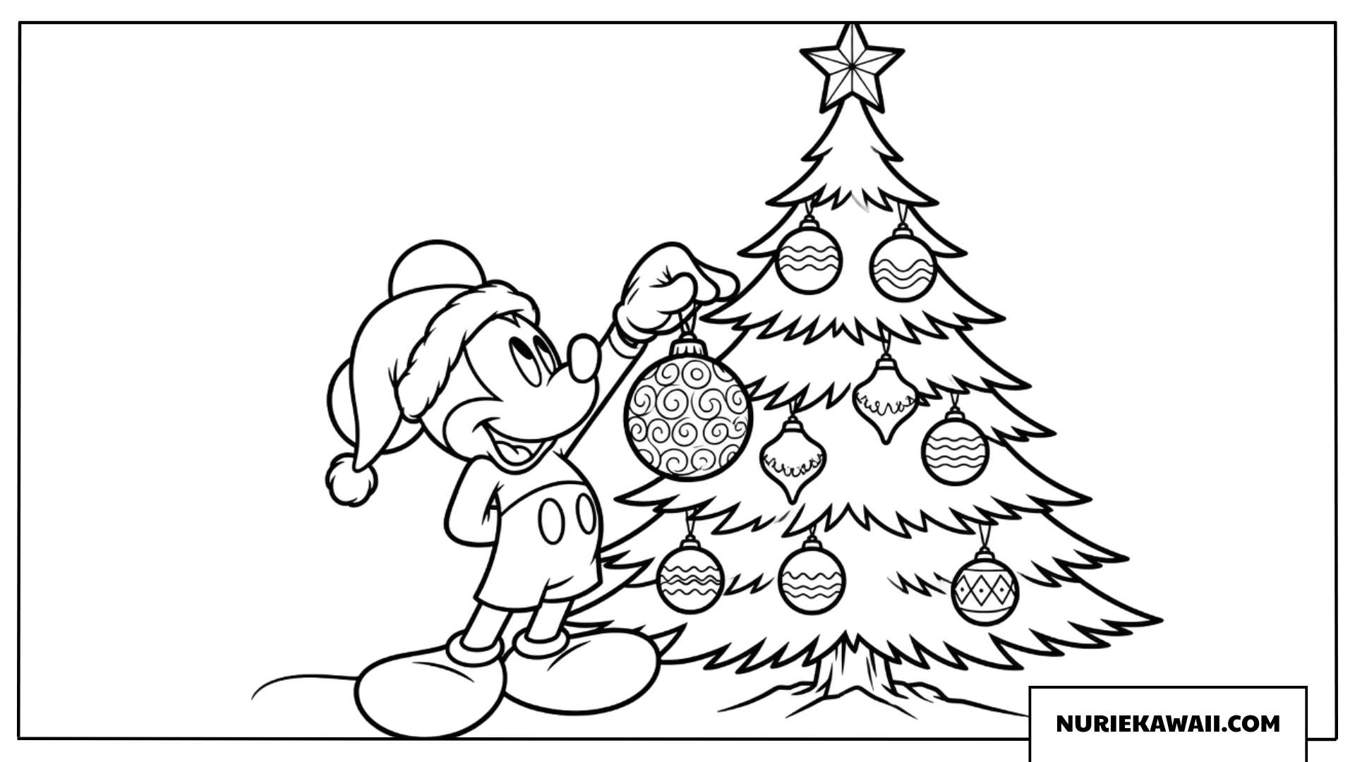 サンタ帽のミッキーマウスとクリスマスツリー飾り付けの塗り絵