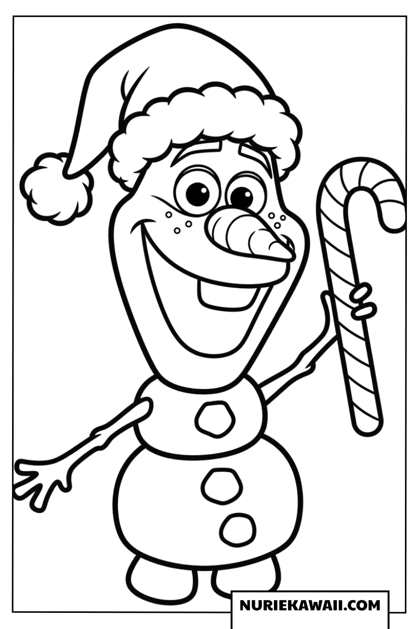 サンタ帽をかぶったオラフとクリスマスキャンディ塗り絵