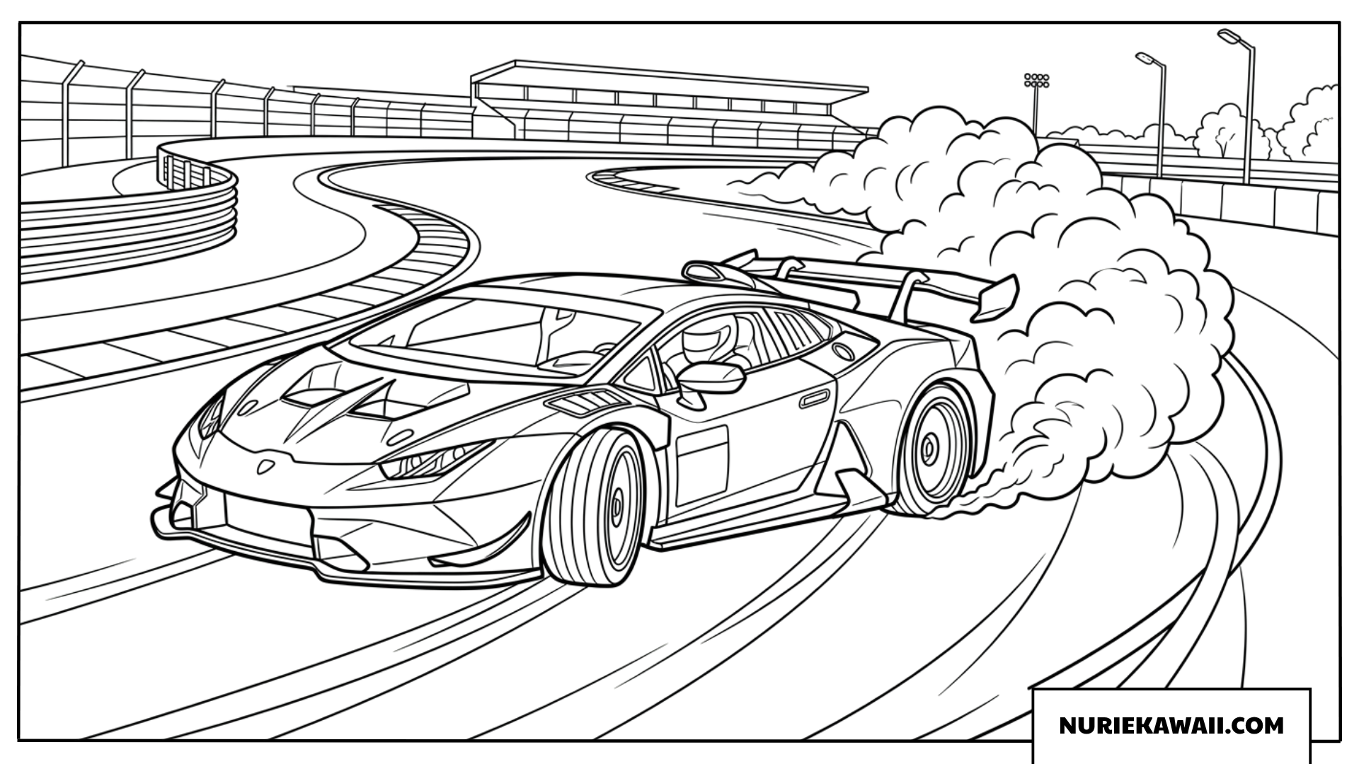 サーキットでドリフトするランボルギーニのレースカーの塗り絵