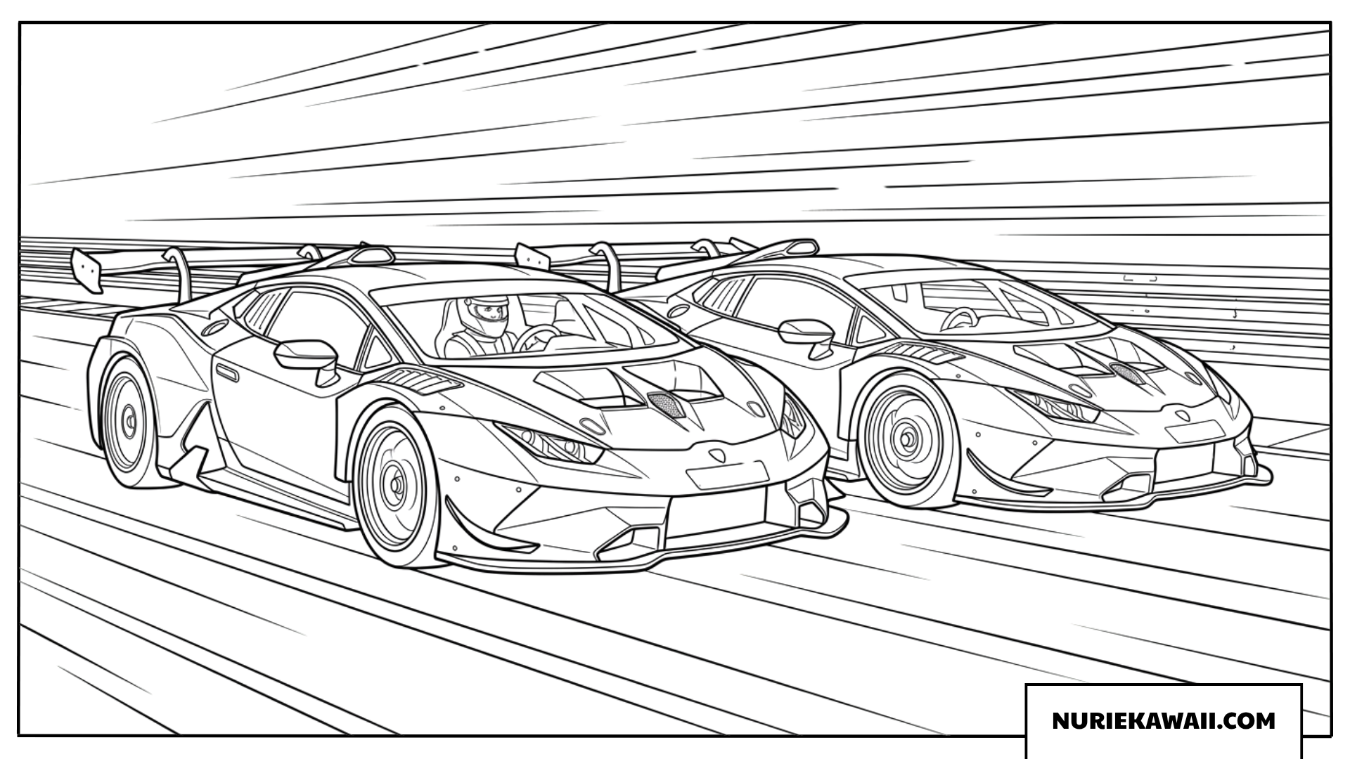 サーキットで激しくデッドヒートを繰り広げるランボルギーニの塗り絵