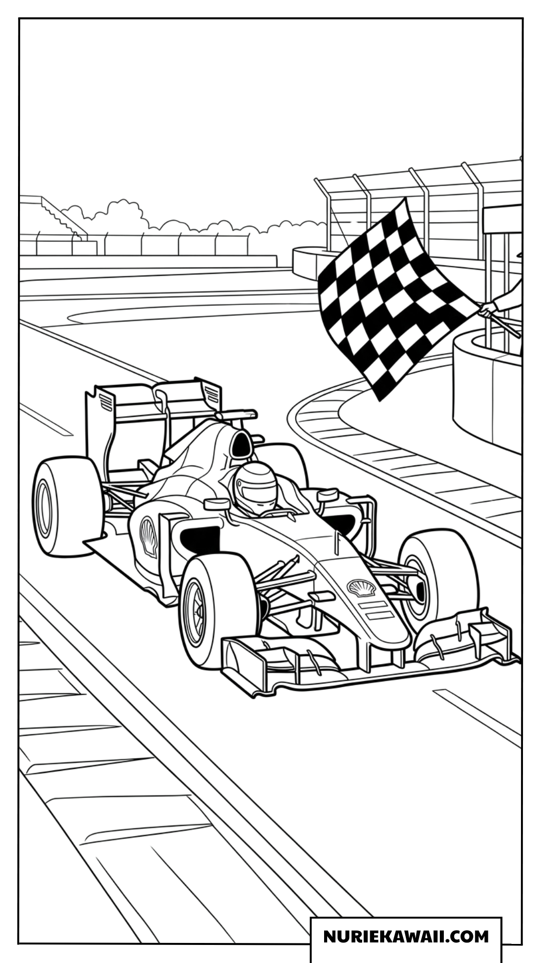 サーキットを走るF1レースカーの塗り絵