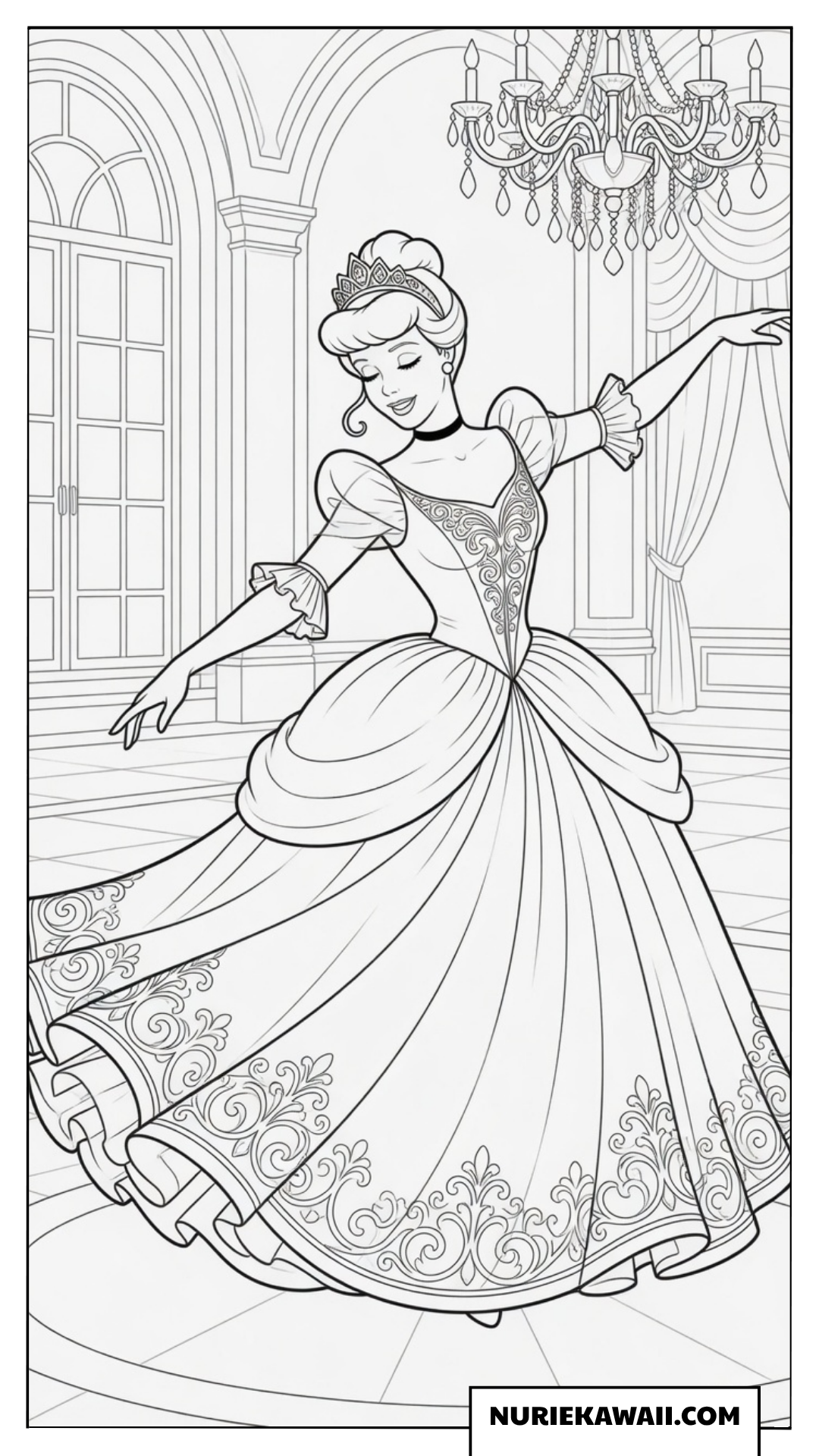 シンデレラ城の大広間で華麗に踊るシンデレラの塗り絵