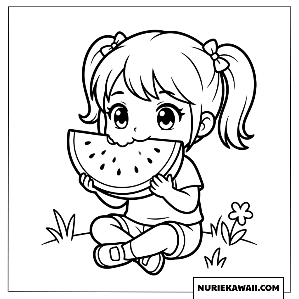 スイカを美味しそうに食べるツインテールの女の子の塗り絵