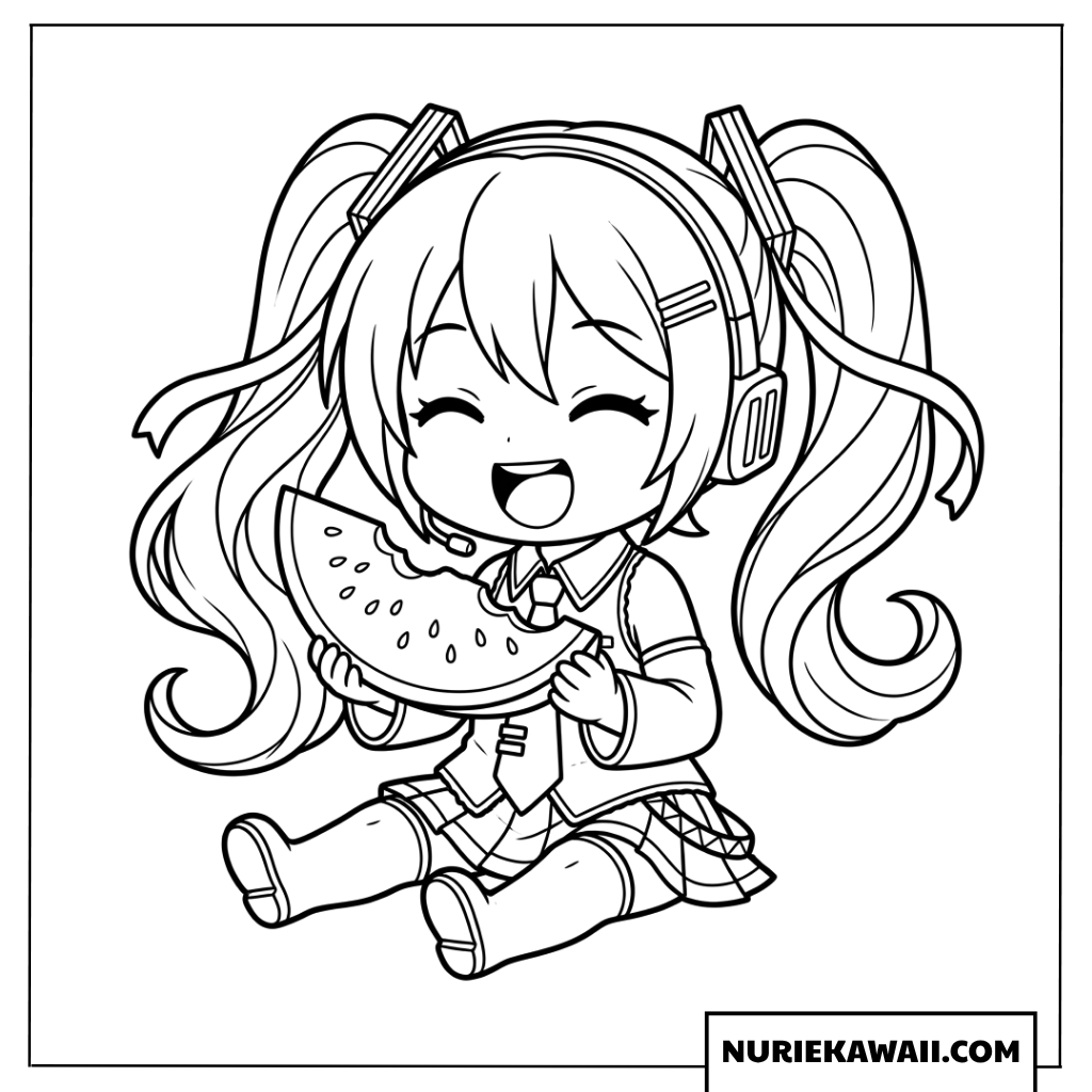 スイカを食べるちび初音ミク塗り絵