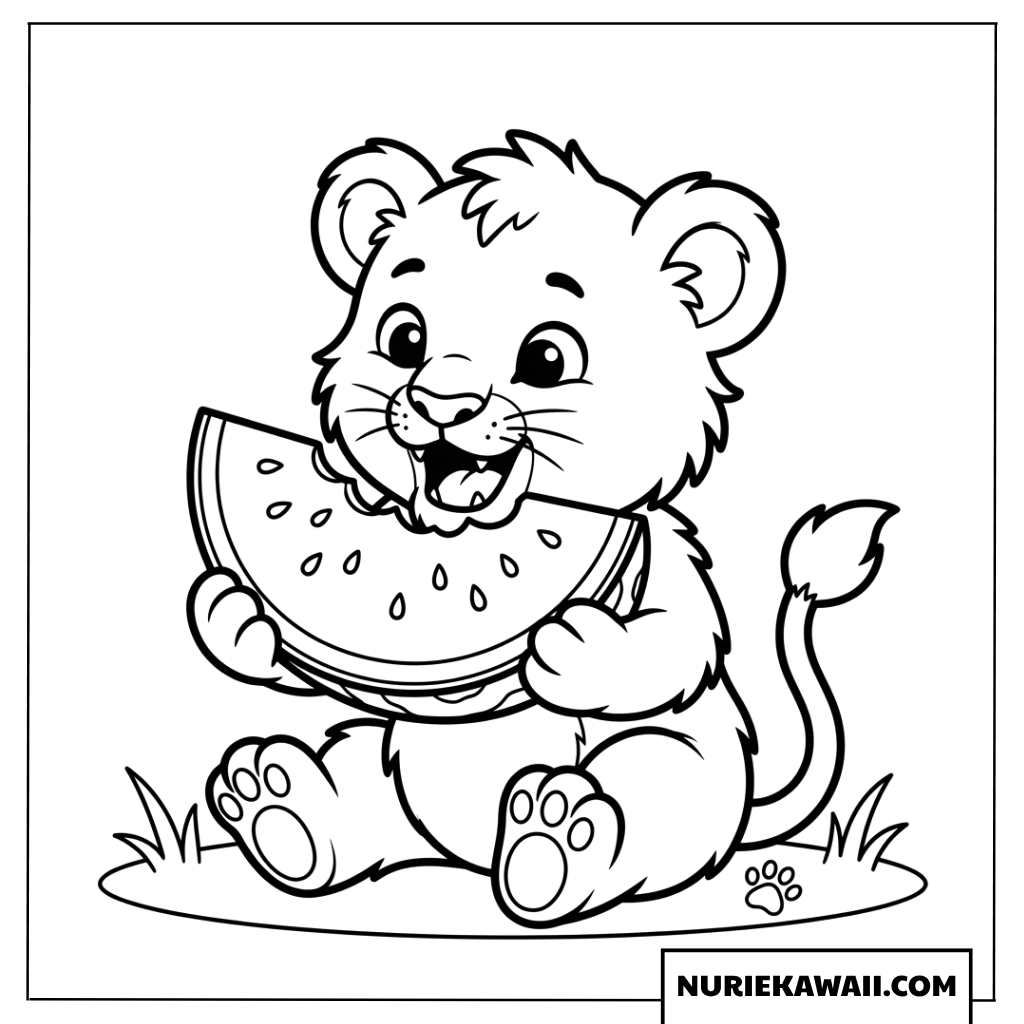 スイカを食べる可愛いライオンの赤ちゃんの塗り絵