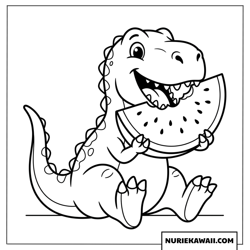 スイカを食べる恐竜の塗り絵
