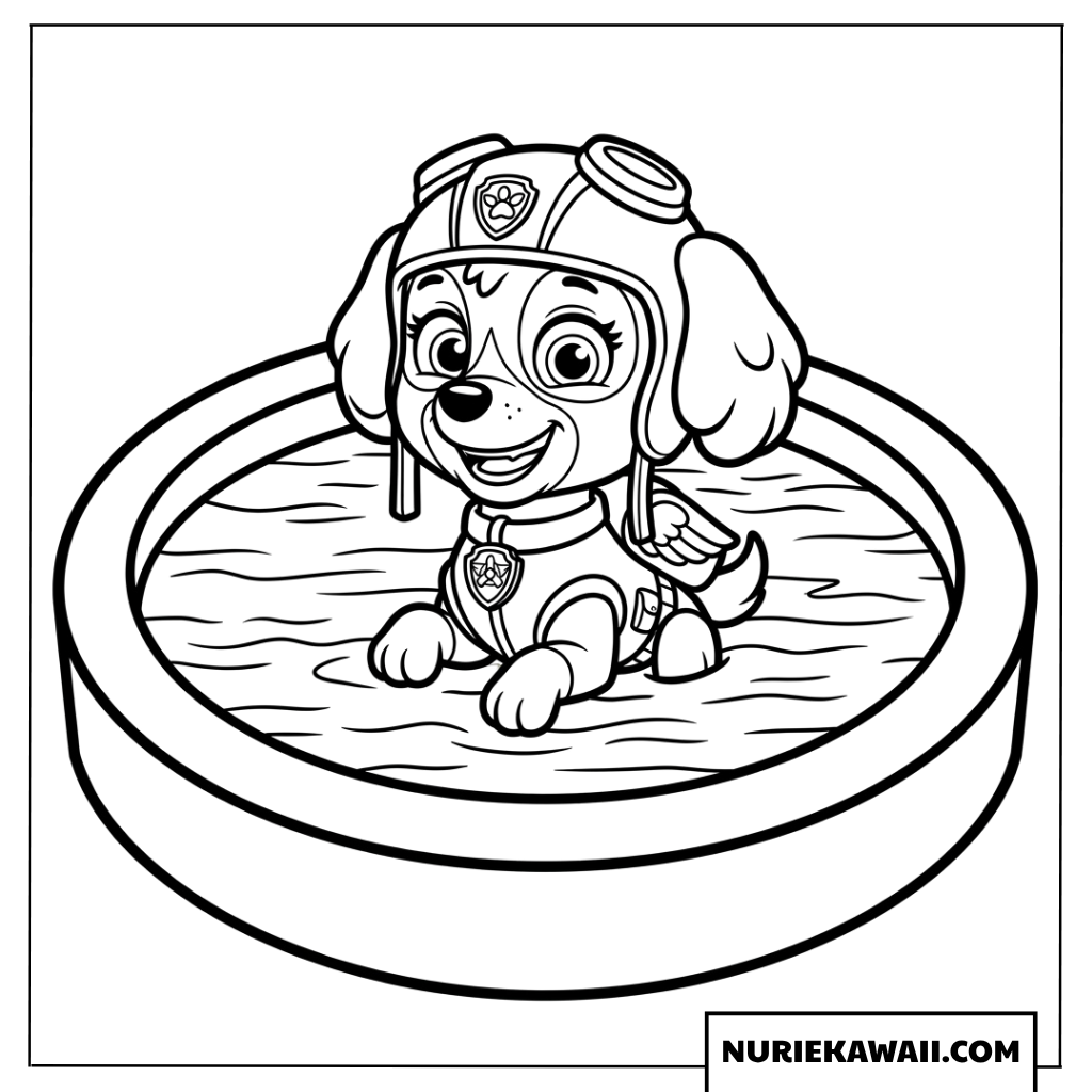スカイがミニプールに入って夏を楽しむ子ども向けの簡単な塗り絵