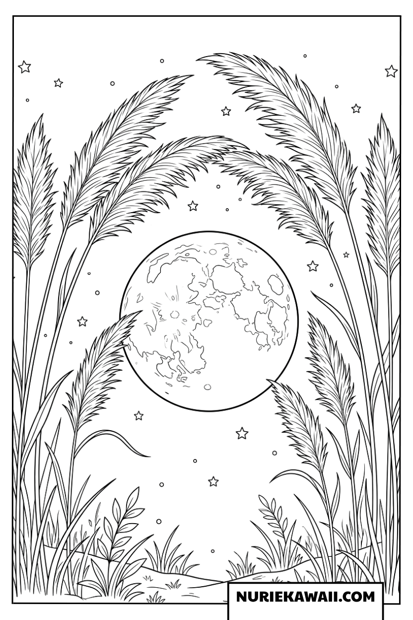 ススキの合間から美しく輝く満月と夜空の風情ある塗り絵