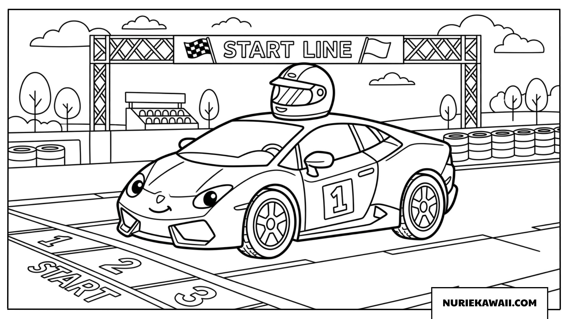 スタートラインで大きなヘルメットを被ったランボルギーニの塗り絵
