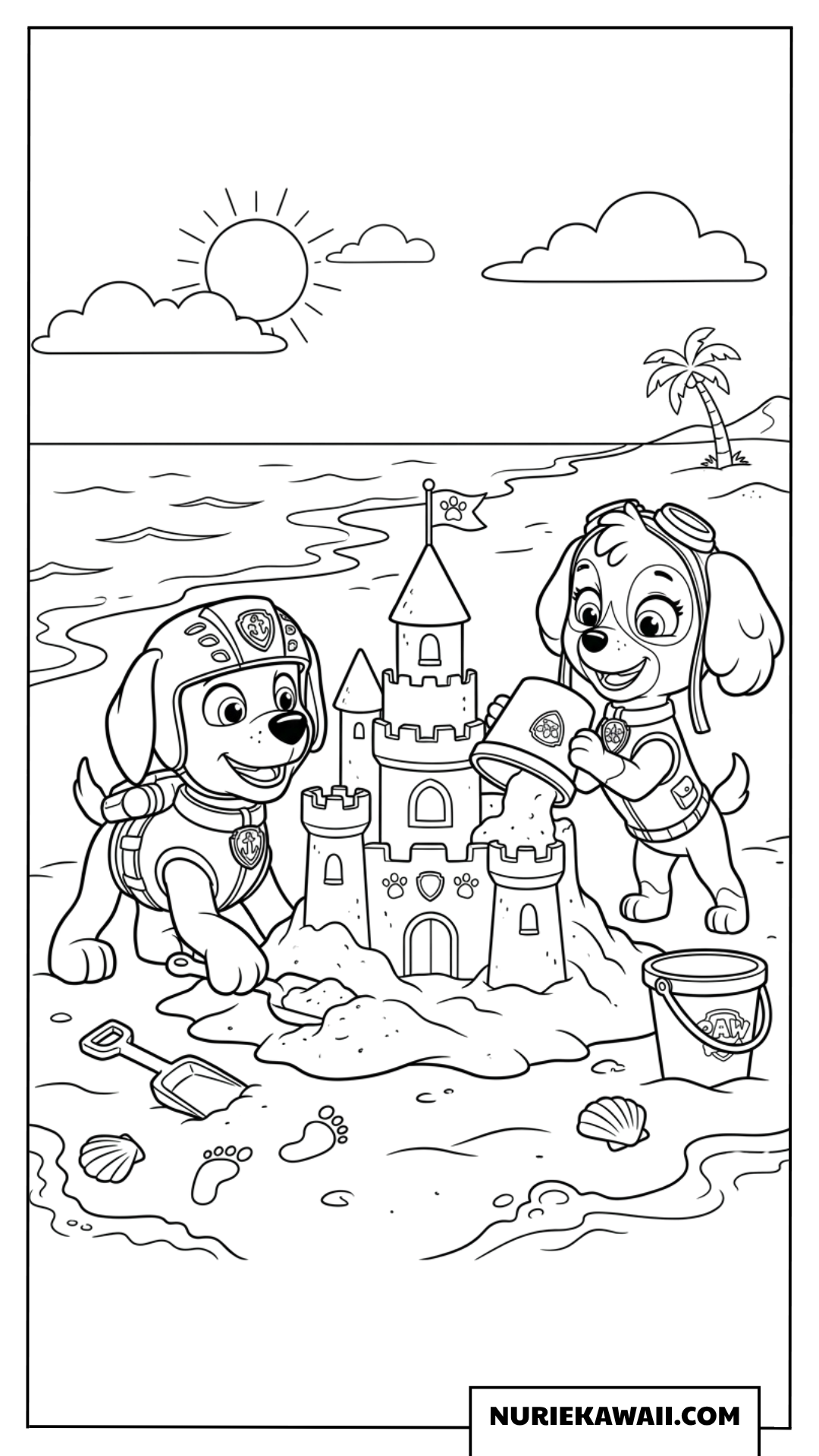 ズーマとスカイが砂浜で砂のお城を作る夏の塗り絵