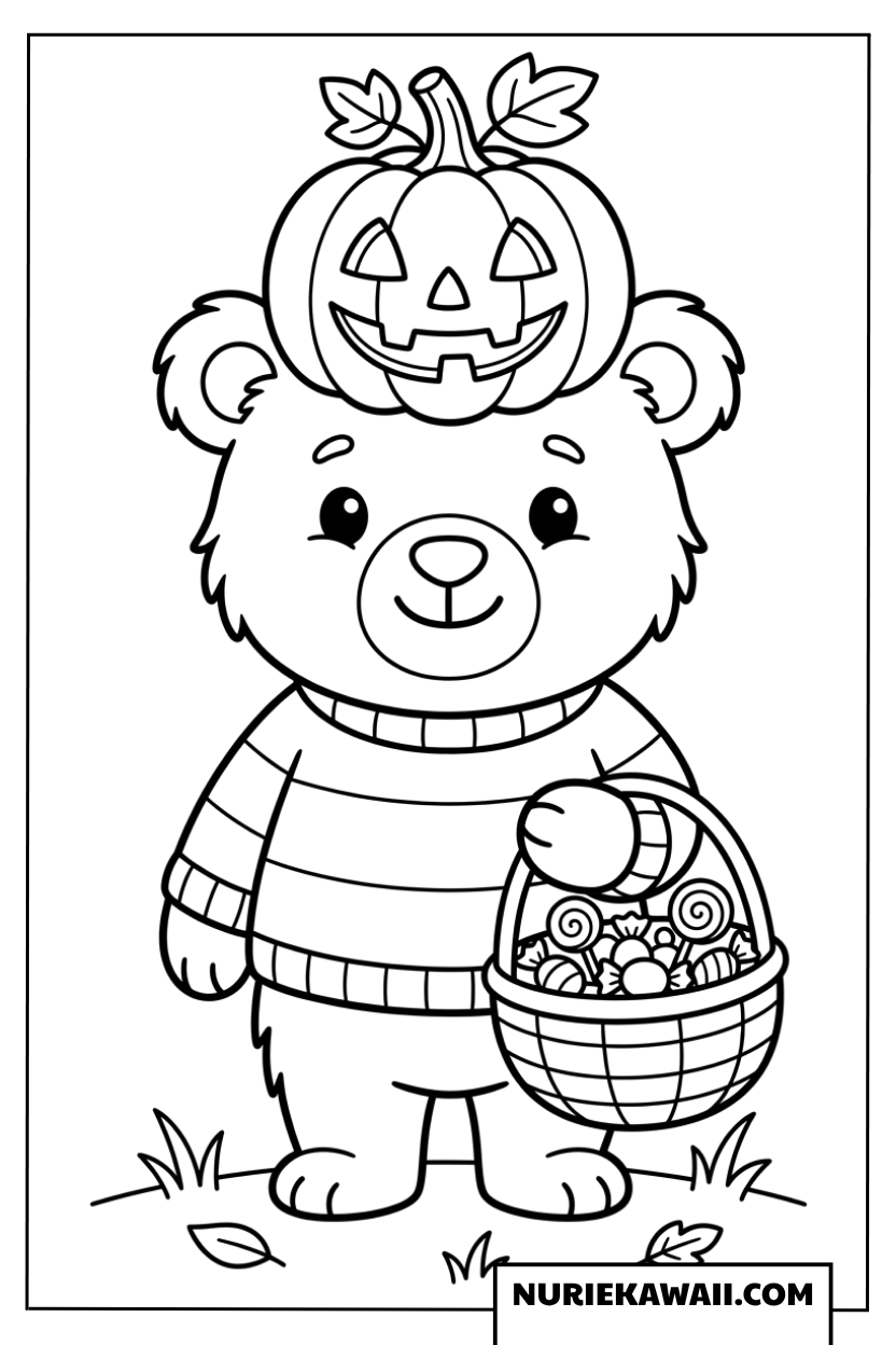 セーターを着てお菓子のカゴを持った子グマの塗り絵