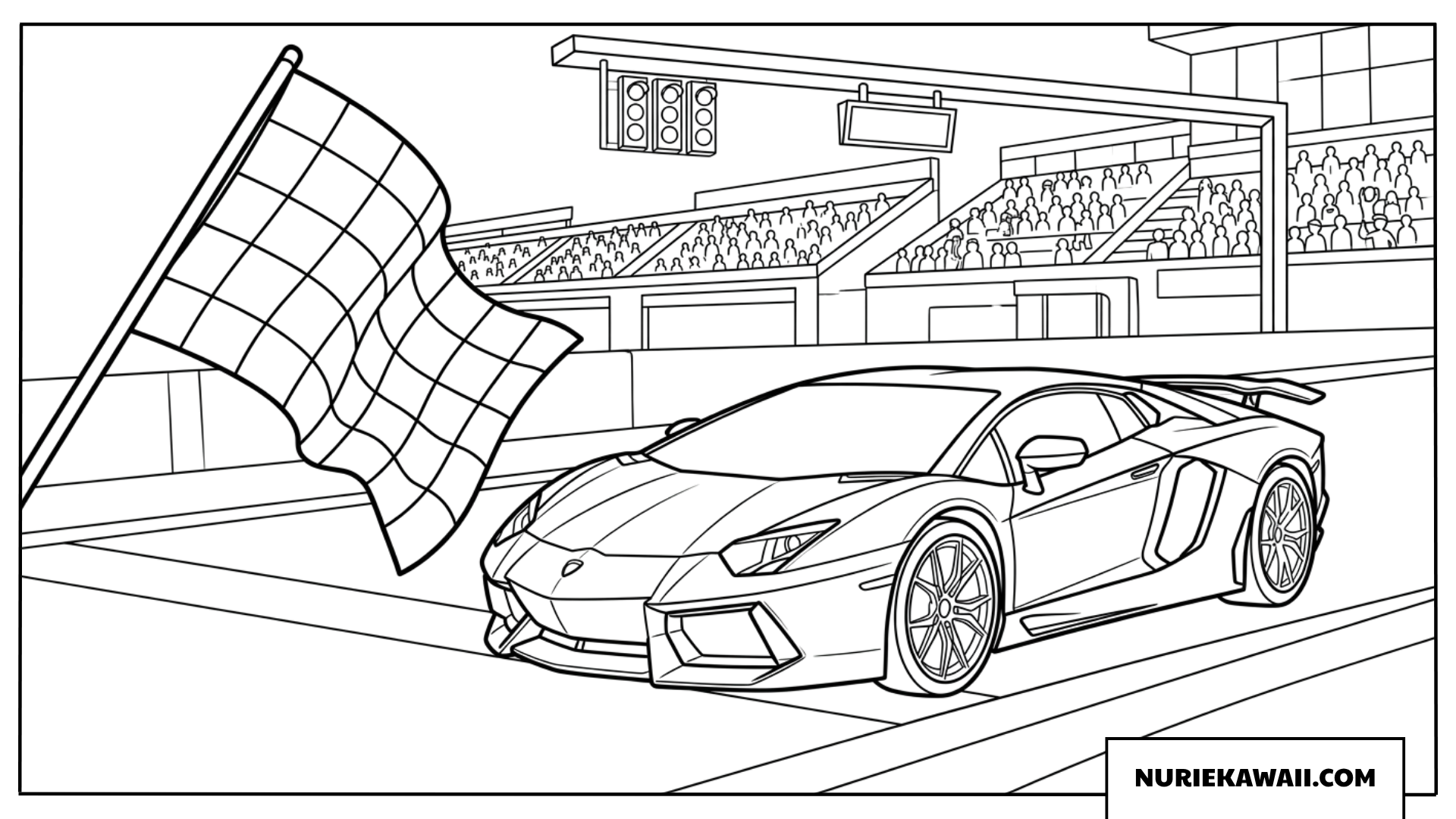 チェッカーフラッグのゴールラインを越えるランボルギーニの塗り絵