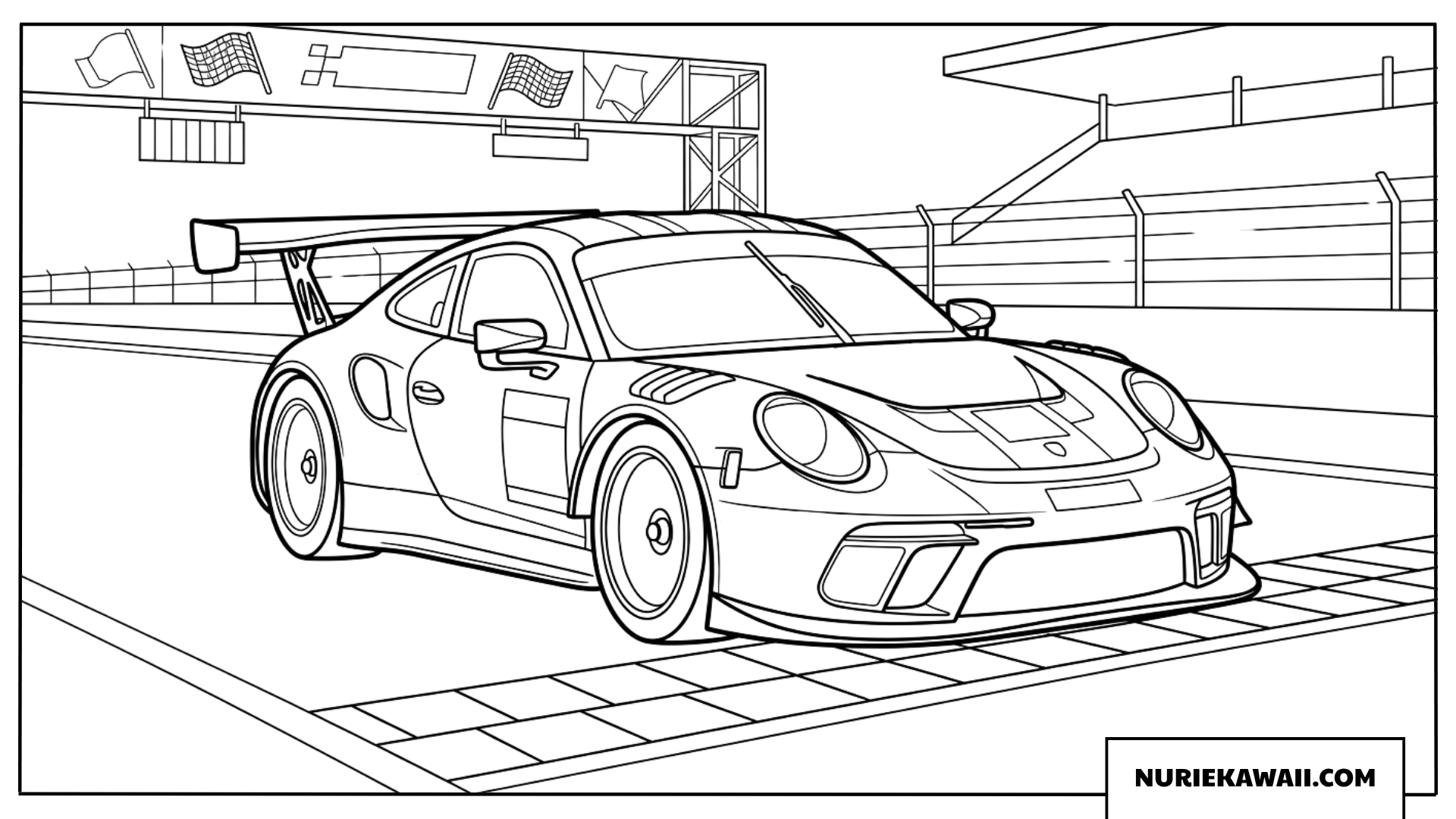 チェッカーフラッグのゴール線を駆け抜けるGTレーシングカーの塗り絵