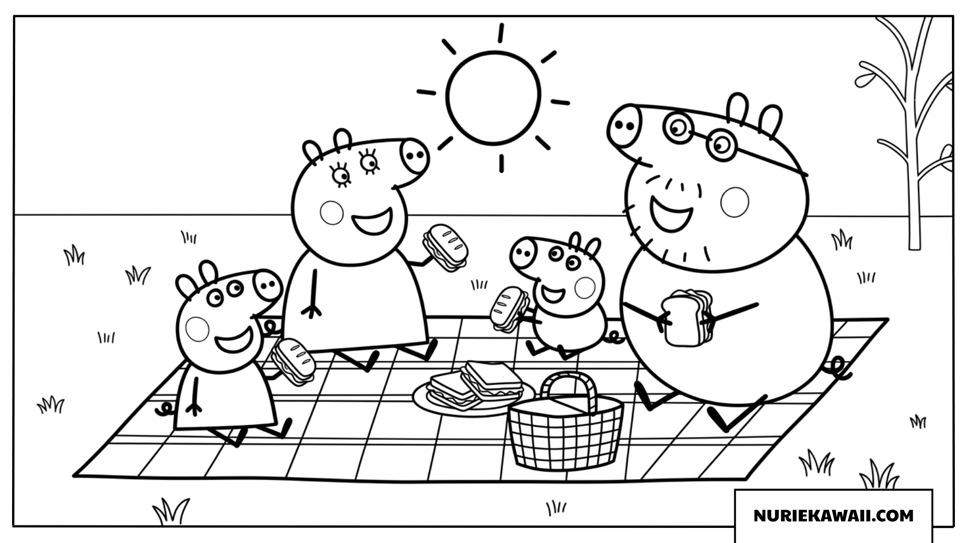 チェックのシートでサンドイッチを食べるペッパピッグ一家の塗り絵