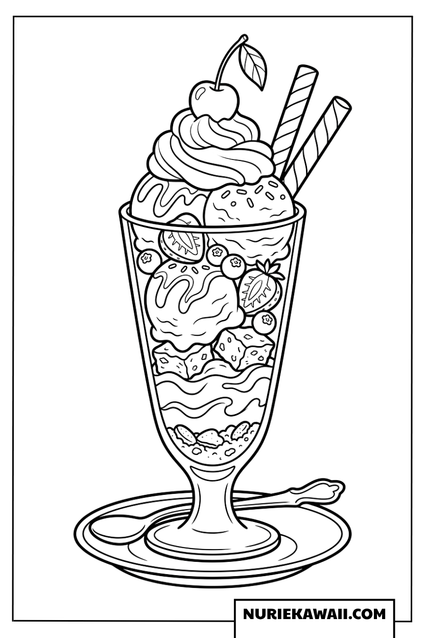 チェリーとイチゴがのった豪華で可愛いパフェのデザートの塗り絵