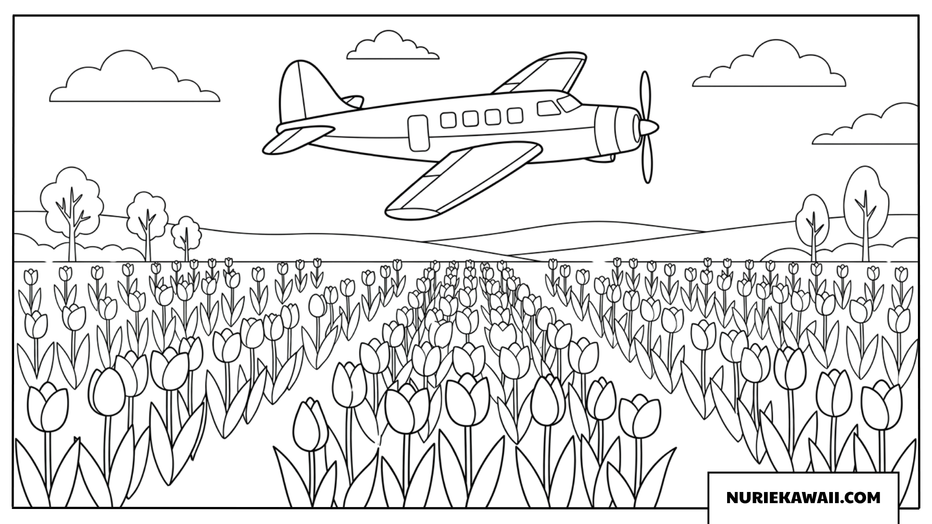 チューリップ畑の上空を飛ぶプロペラ飛行機の塗り絵