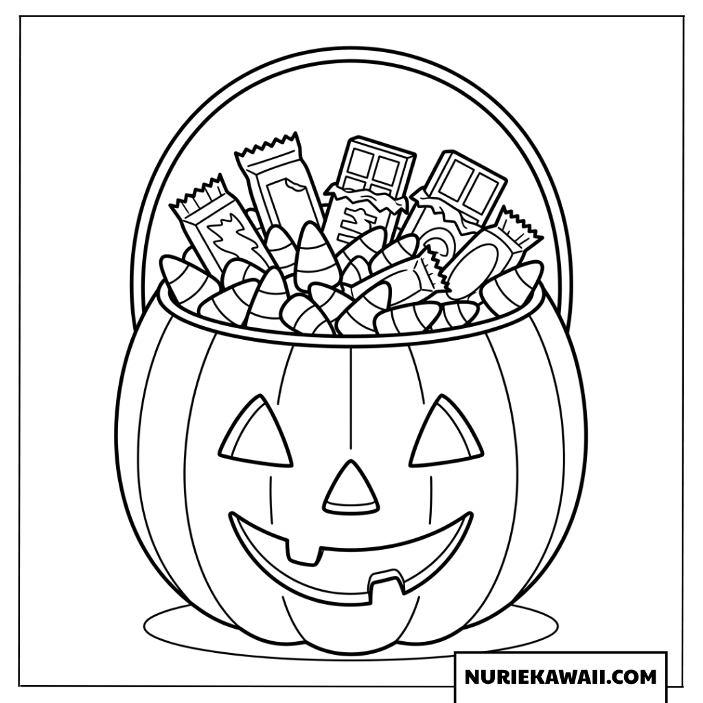 チョコレートとコーンキャンディが入ったハロウィンかぼちゃの塗り絵