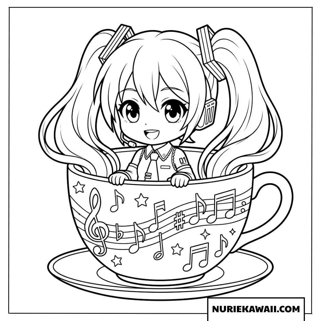 ティーカップに入ったちび初音ミク塗り絵