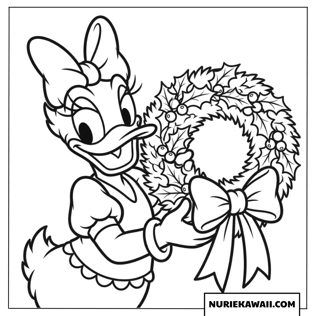 デイジーダックと大きなクリスマスリースの冬塗り絵