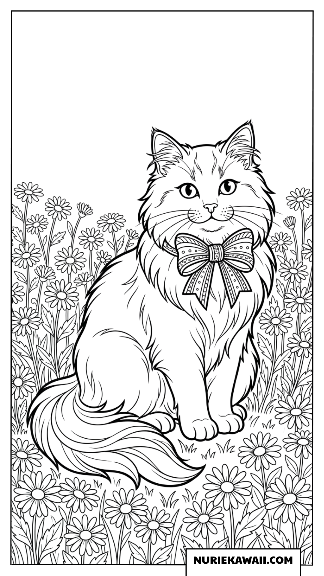 デジーの花畑におしゃれなリボンをつけた猫の塗り絵