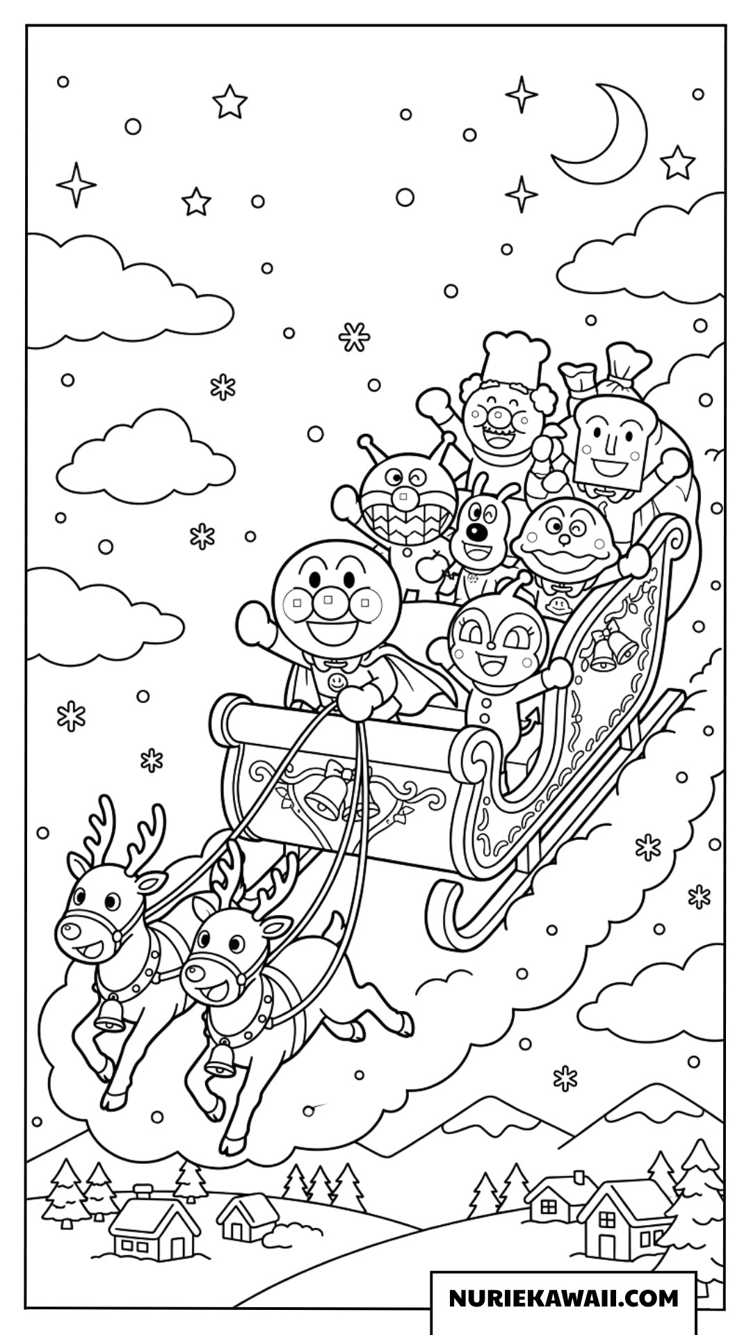 トナカイのそりに乗って夜空を飛ぶアンパンマンたちの賑やかな塗り絵