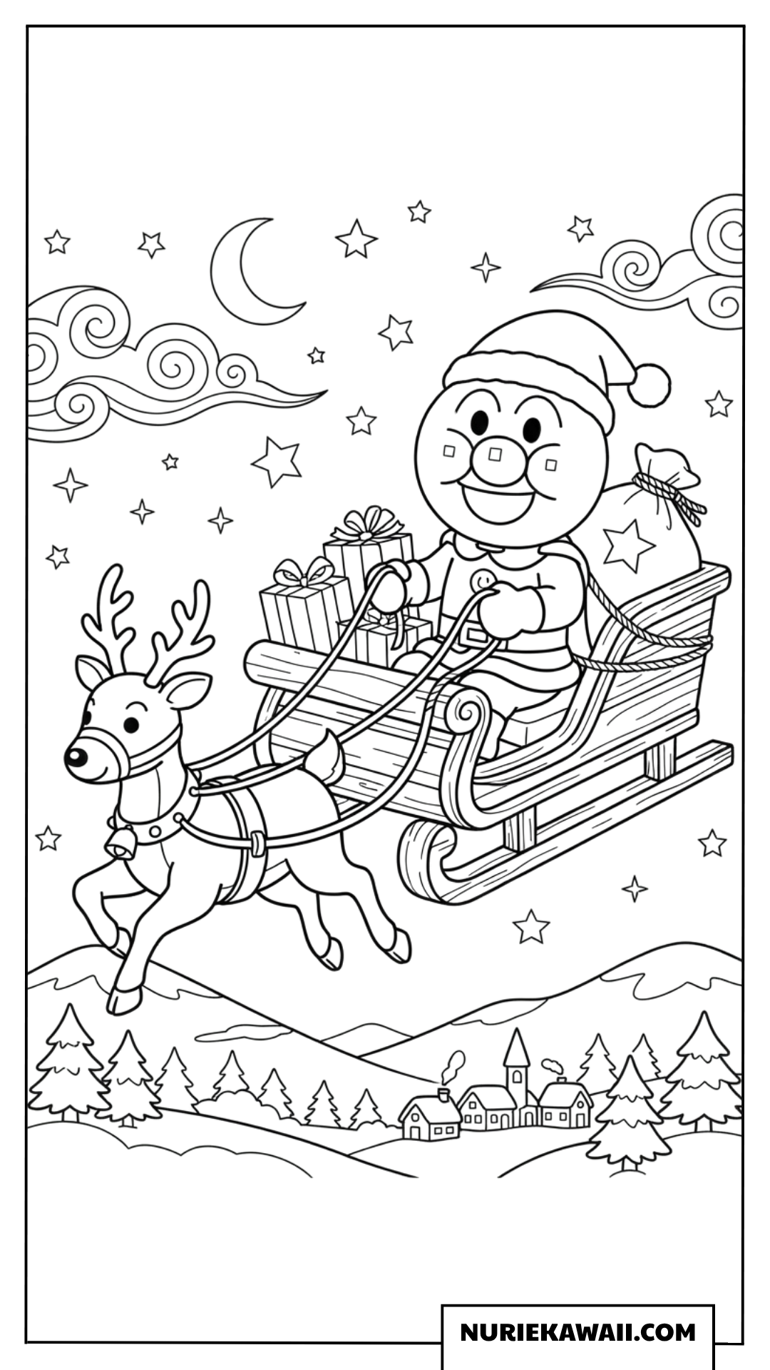 トナカイのそりに乗って夜空を飛ぶアンパンマンの塗り絵