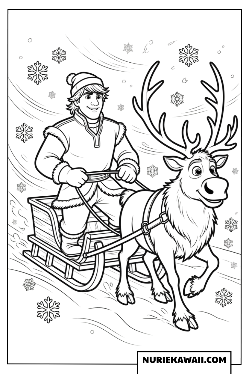 トナカイのスヴェンとそりに乗るクリストフの塗り絵