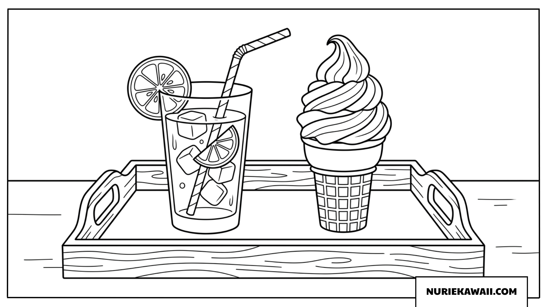 トレイにのったレモンティーとソフトクリームの爽やかな塗り絵