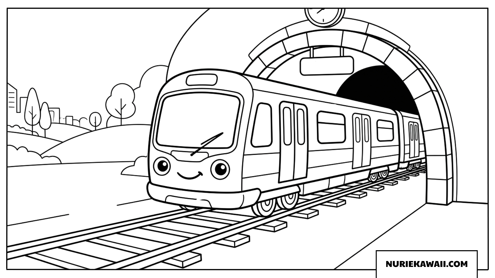トンネルから出てくる笑顔の可愛い地下鉄の簡単な塗り絵