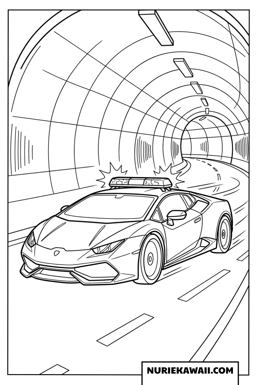 トンネル内を高速巡回するパトカーのスポーツカー塗り絵