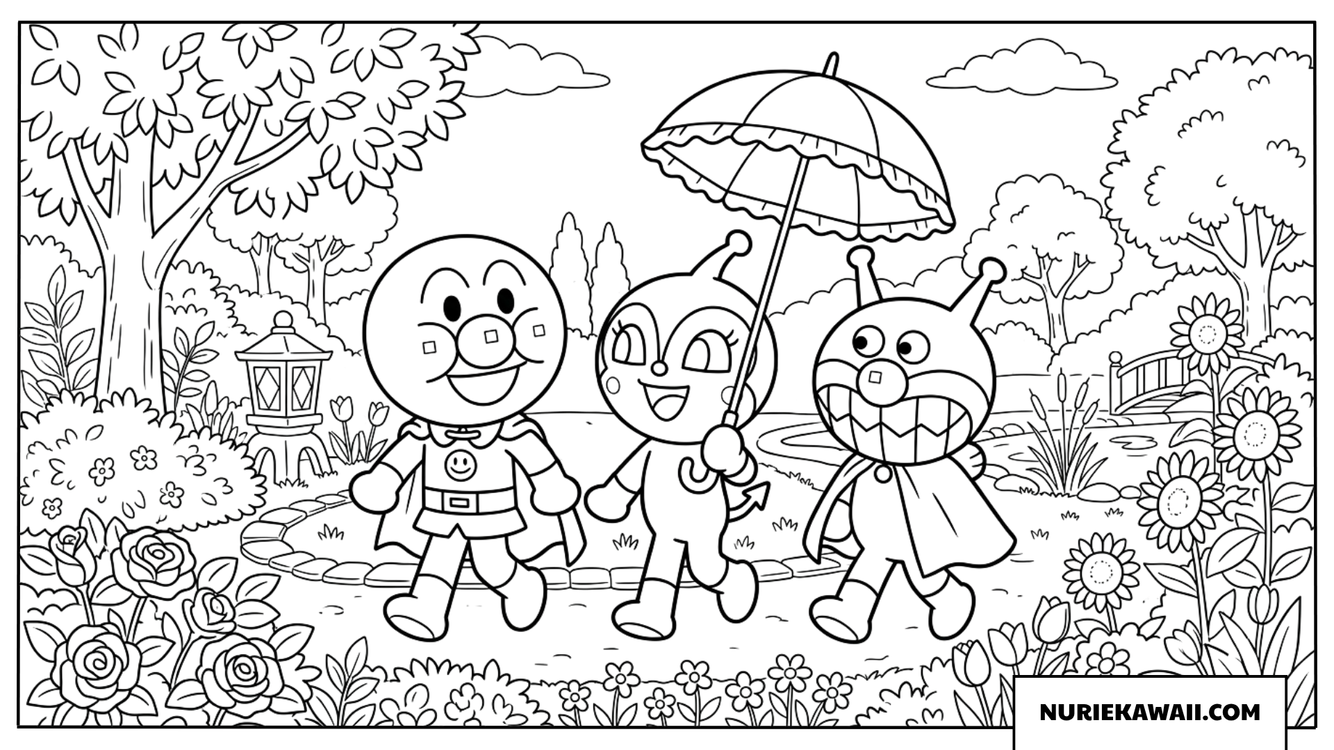 ドキンちゃんが日傘をさしてお花畑をみんなと散歩する塗り絵