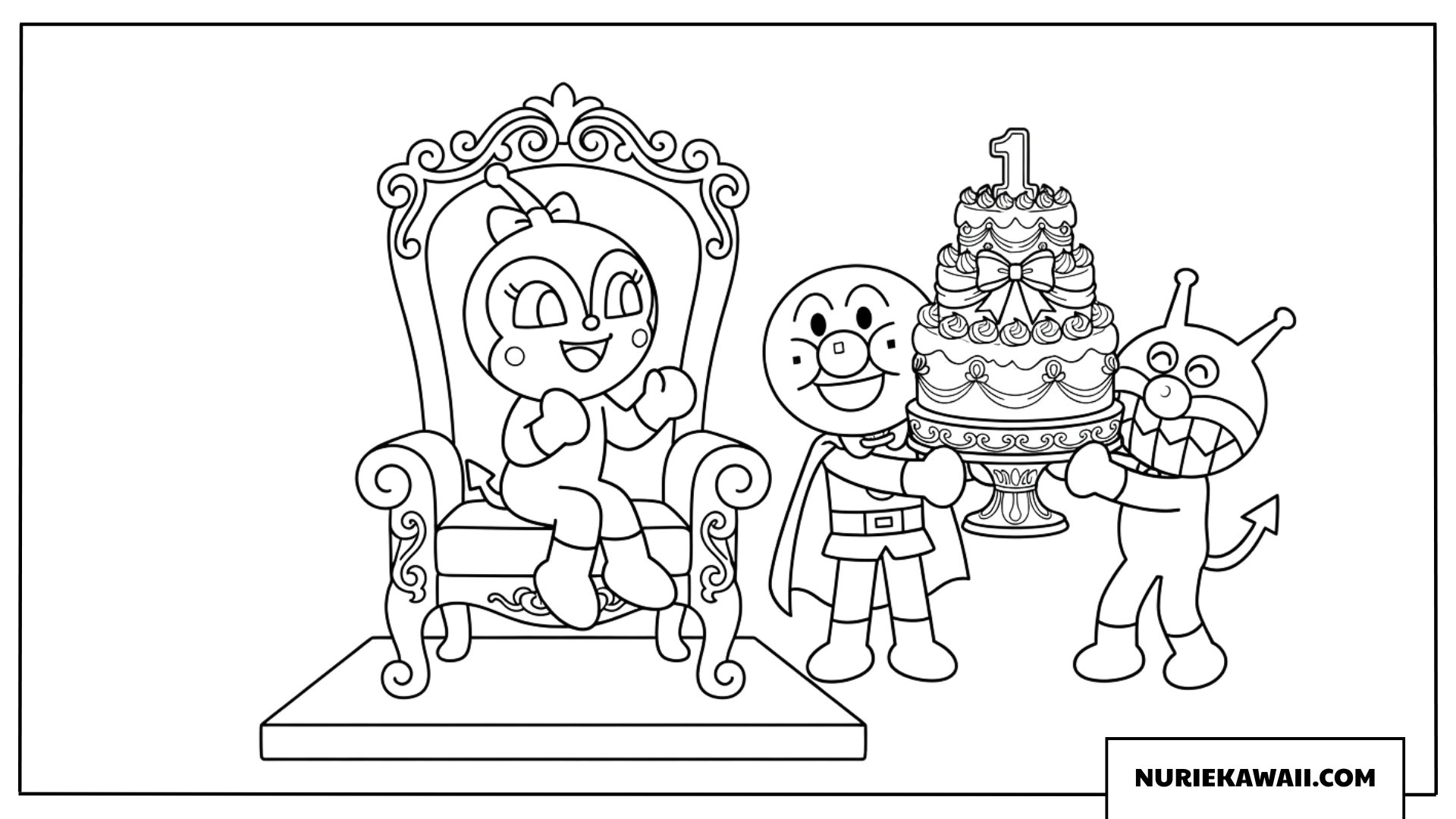 ドキンちゃんが豪華な椅子に座ってケーキでお祝いされる塗り絵