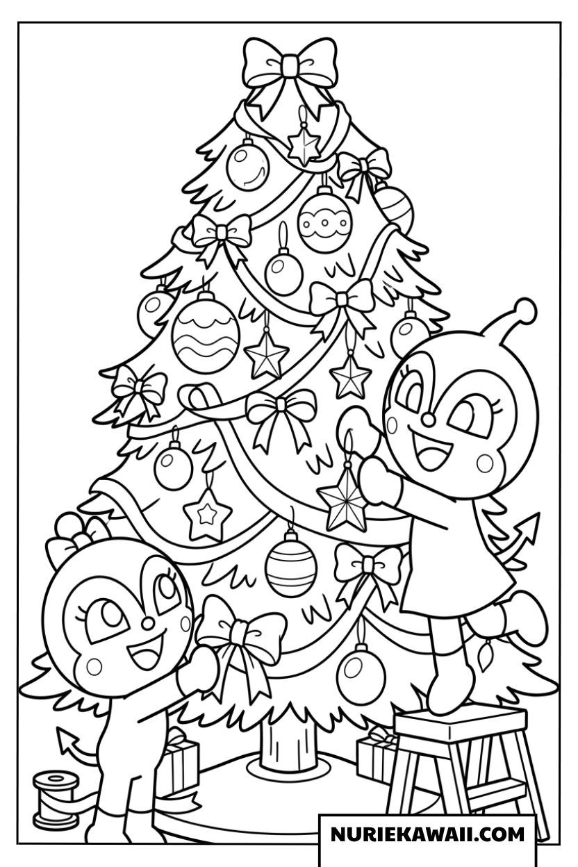 ドキンちゃんとコキンちゃんが一緒にクリスマスツリーを飾る塗り絵