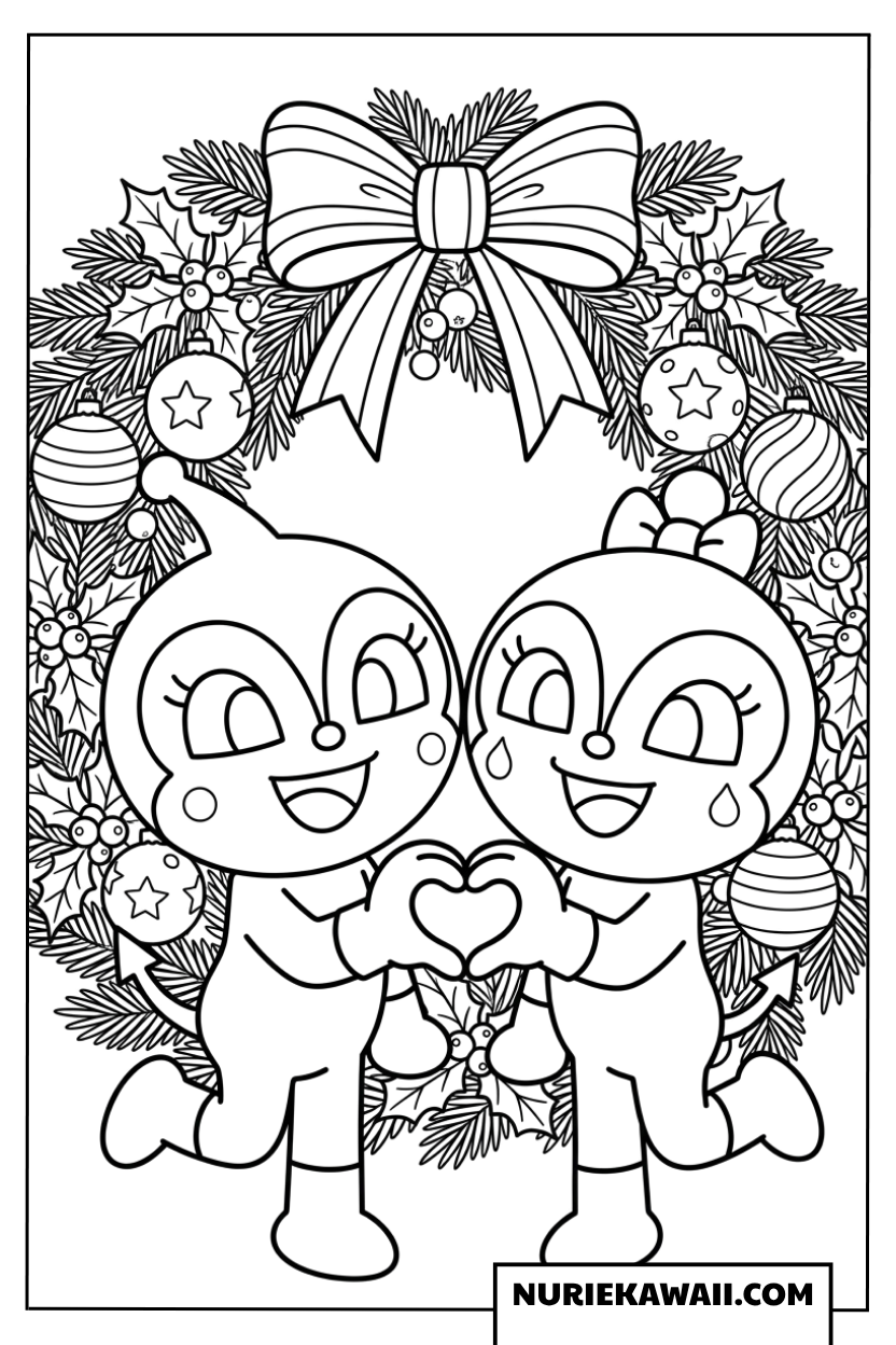 ドキンちゃんとコキンちゃんが大きなリース前でハートを作る塗り絵