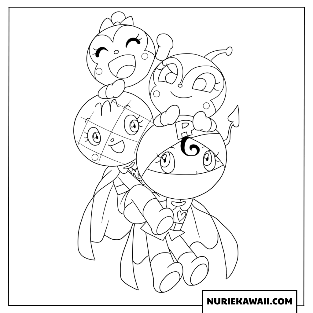 ドキンちゃんコキンちゃんメロンパンナロールパンナが仲良く重なる塗り絵