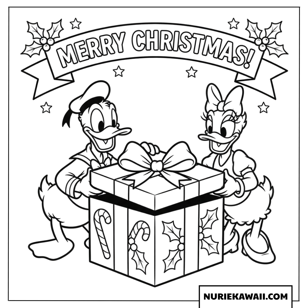 ドナルドとデイジーのメリークリスマスプレゼント塗り絵