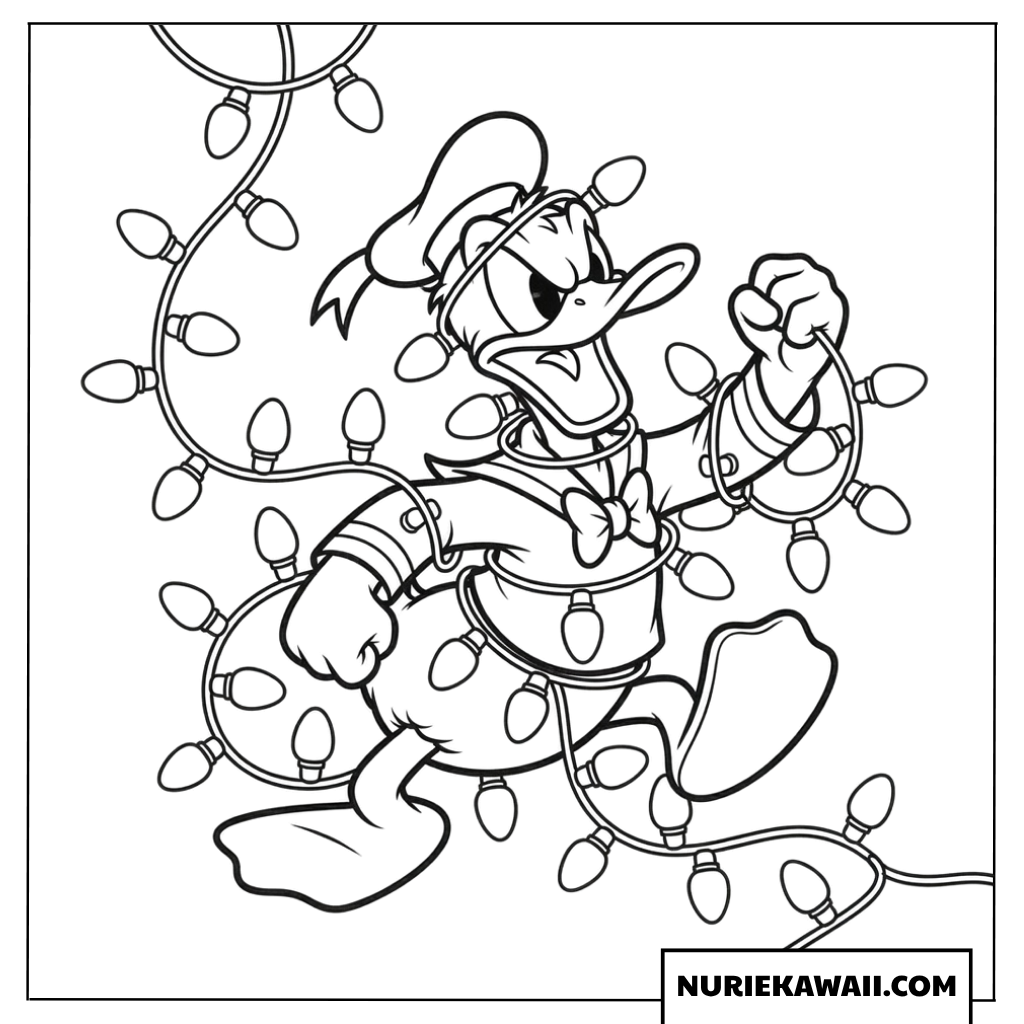 ドナルドダックとイルミネーションライトのクリスマス塗り絵
