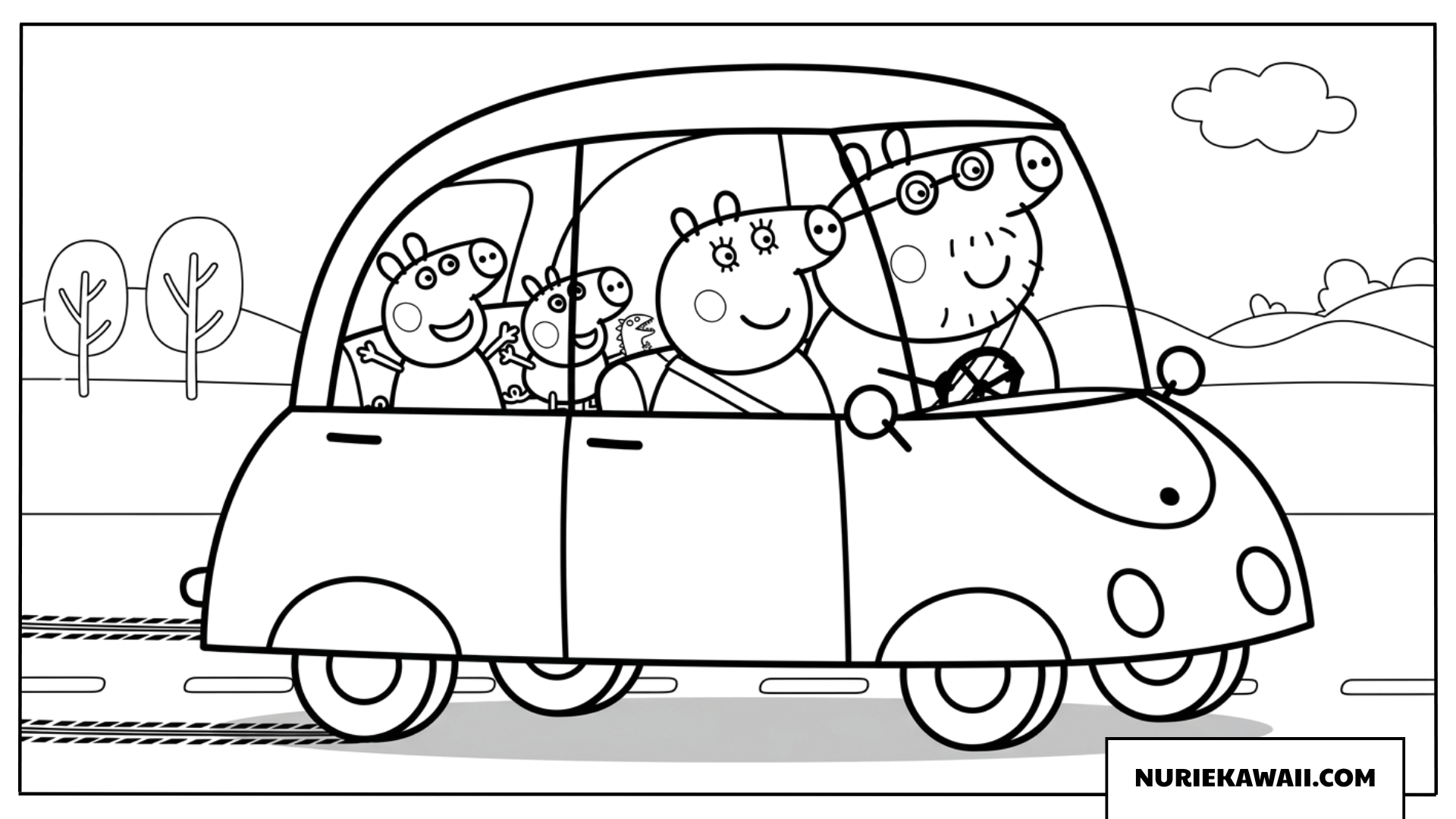 ドライブに出かけるペッパピッグファミリーの賑やかな自動車塗り絵