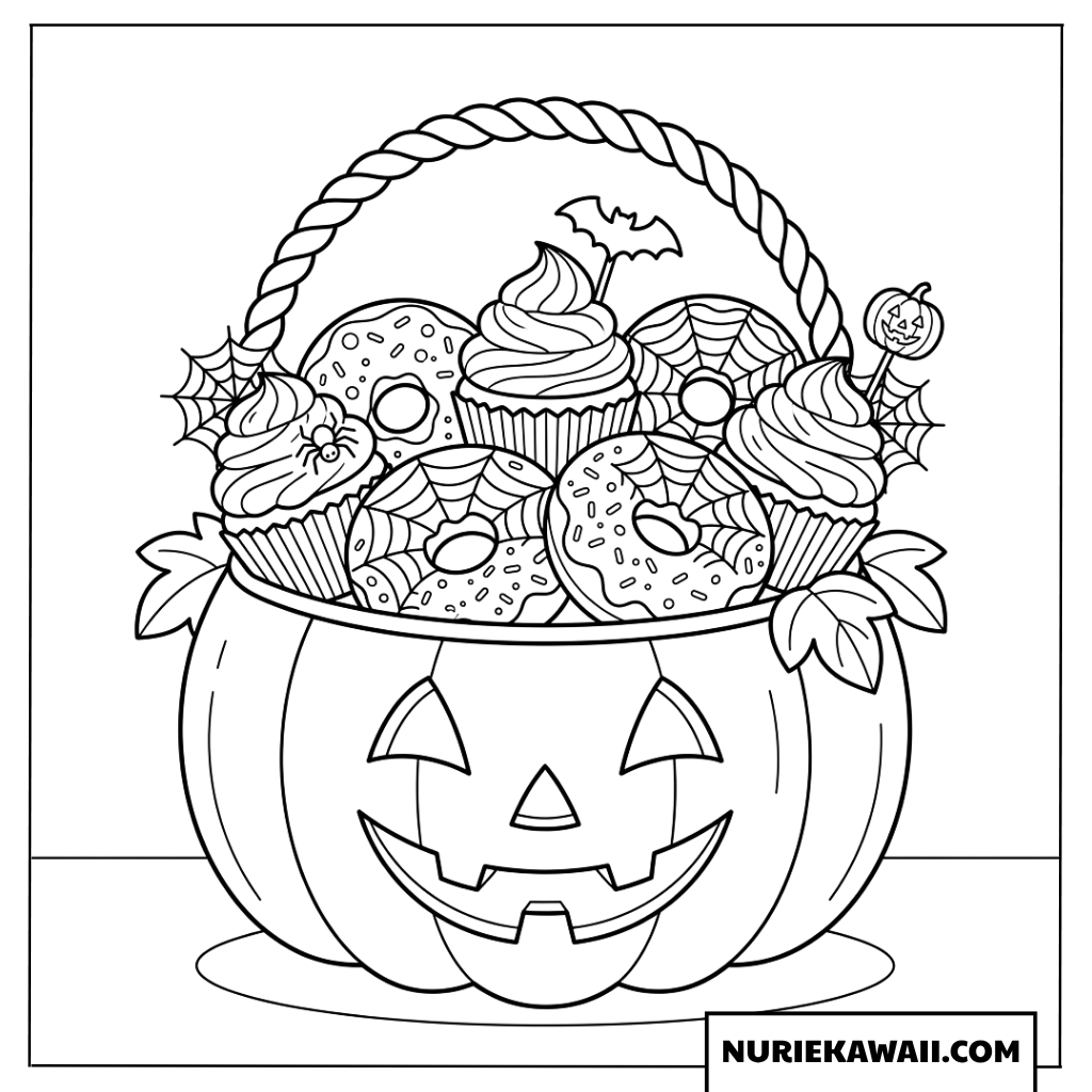 ドーナツとカップケーキが入ったハロウィンかぼちゃのバケツの塗り絵