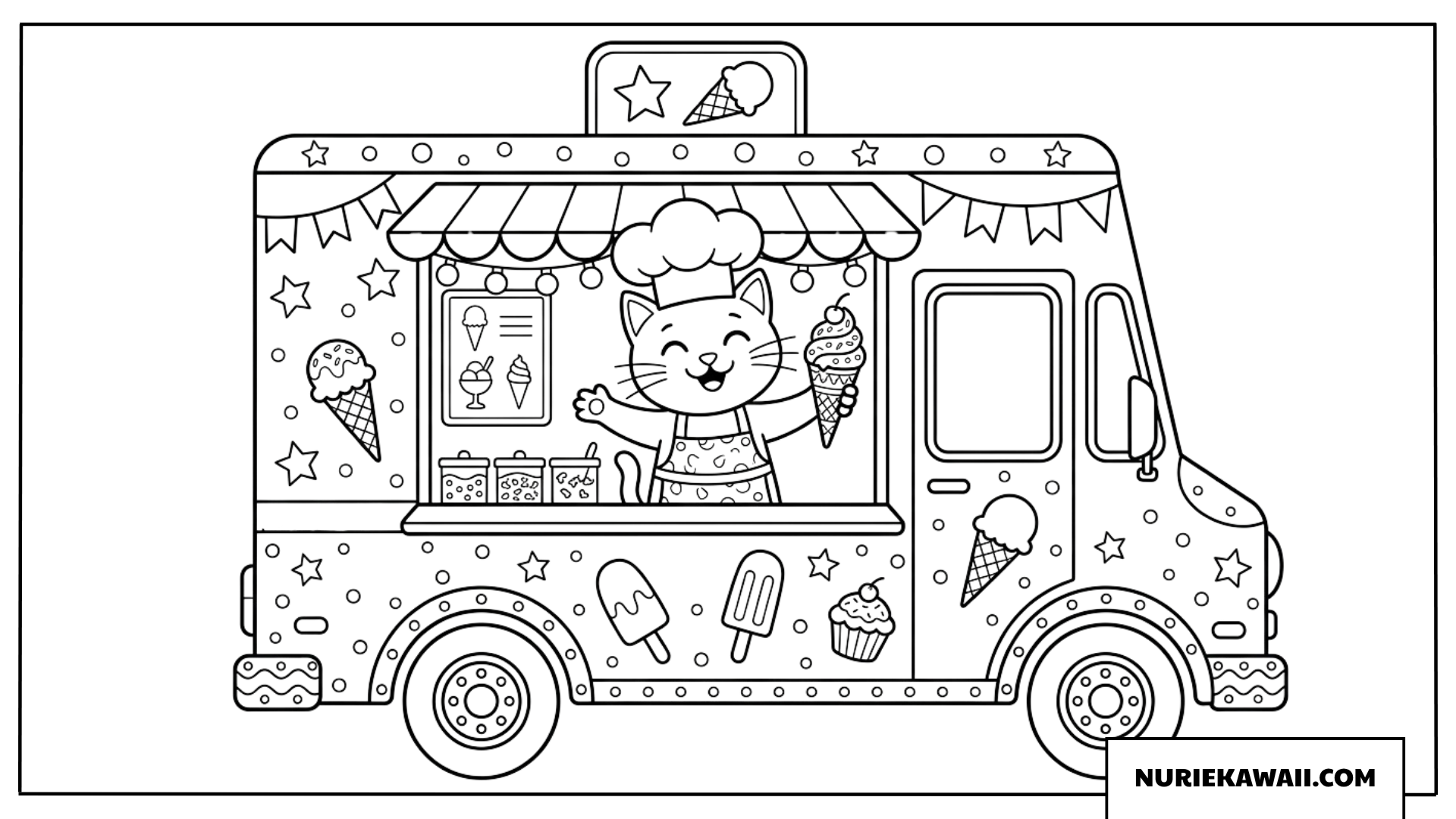 ネコシェフが笑顔で迎えるアイスクリームカーの塗り絵