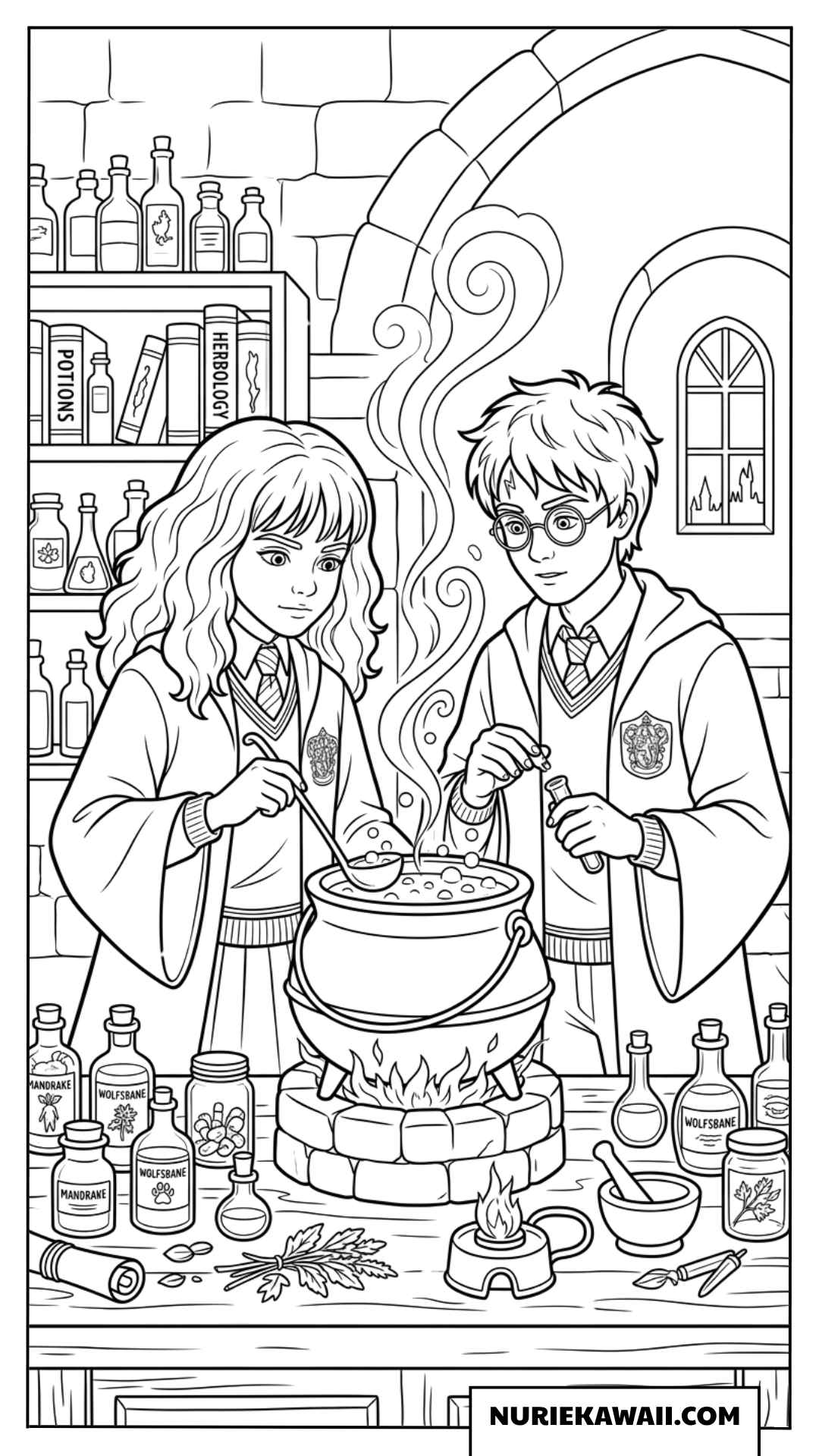 ハリーとハーマイオニーの魔法薬学の塗り絵