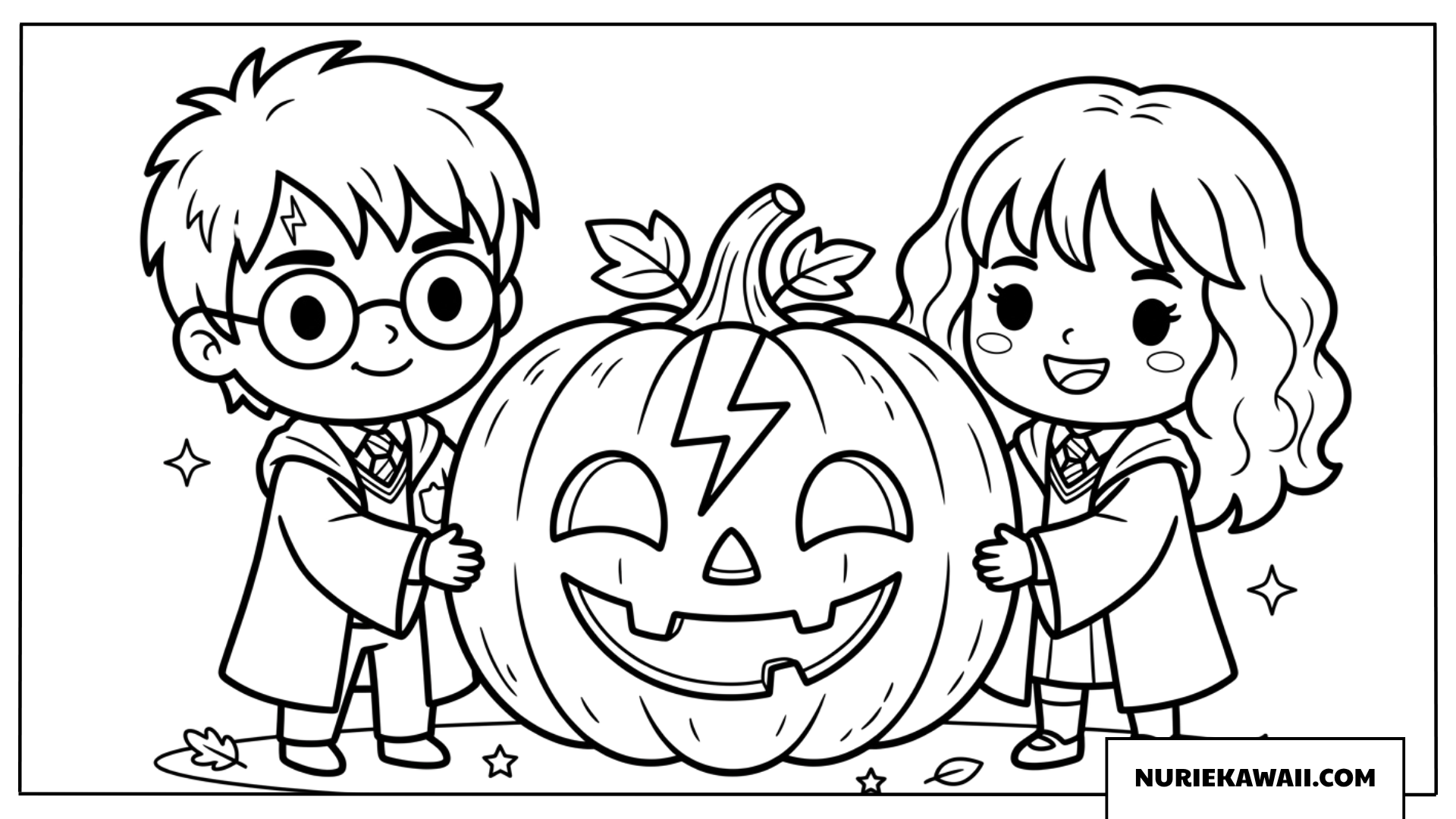 ハロウィンのかぼちゃとハリーとハーマイオニー塗り絵
