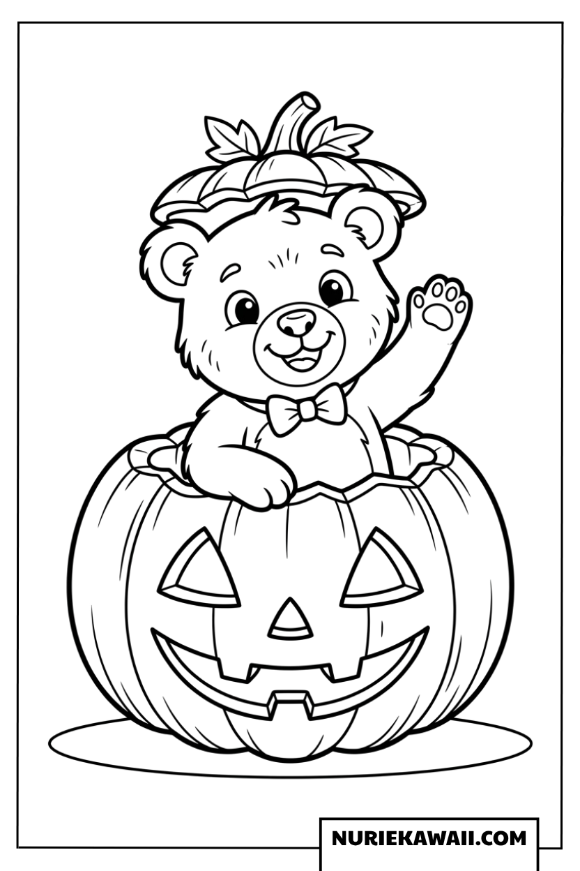 ハロウィンのカボチャに入った楽しそうな子グマの塗り絵