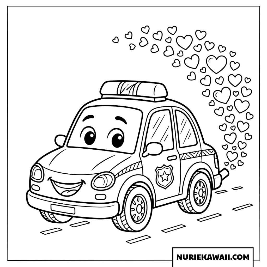 ハートの排気ガスを出すパトカーの塗り絵