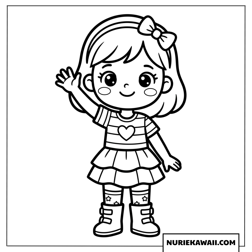 ハートの服を着て元気に手を振る可愛い女の子の塗り絵