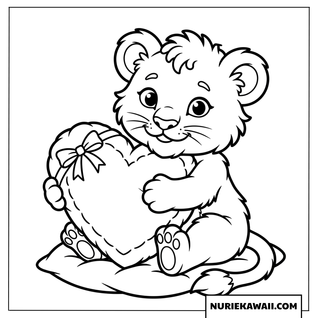 ハートを抱きしめる可愛いライオンの赤ちゃんの塗り絵