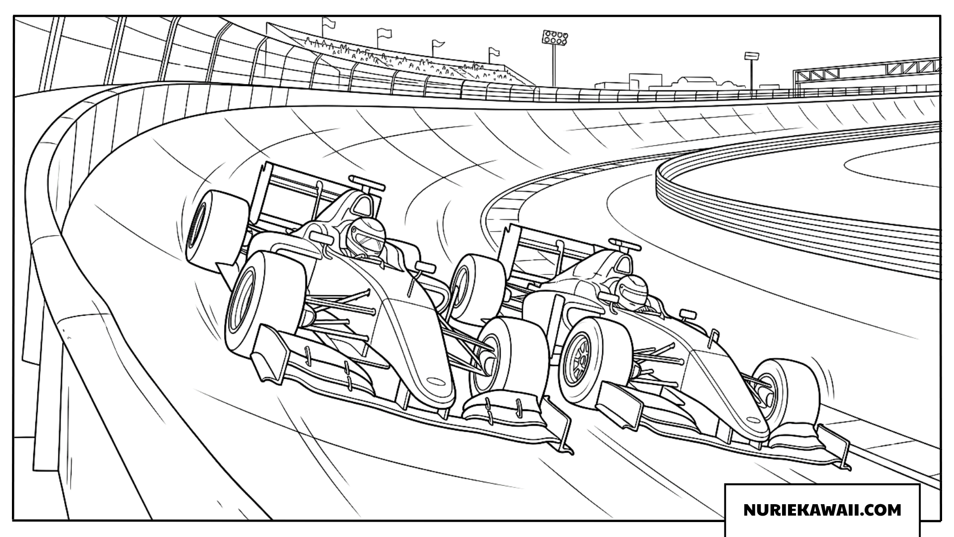 バンクコーナーで激しい首位争いを繰り広げるF1レーシングカーの塗り絵