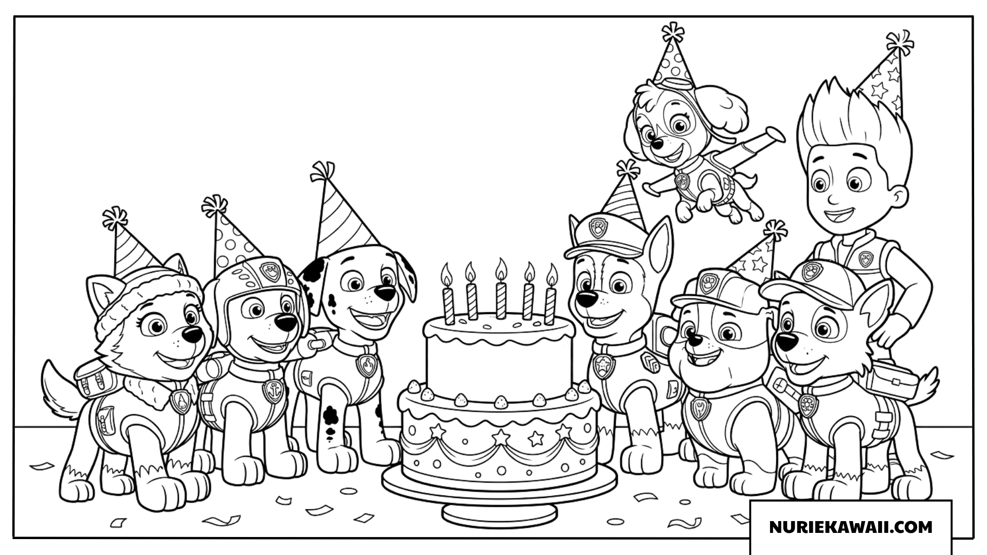 パウパトロールの仲間たちと大きなケーキの誕生日 塗り絵